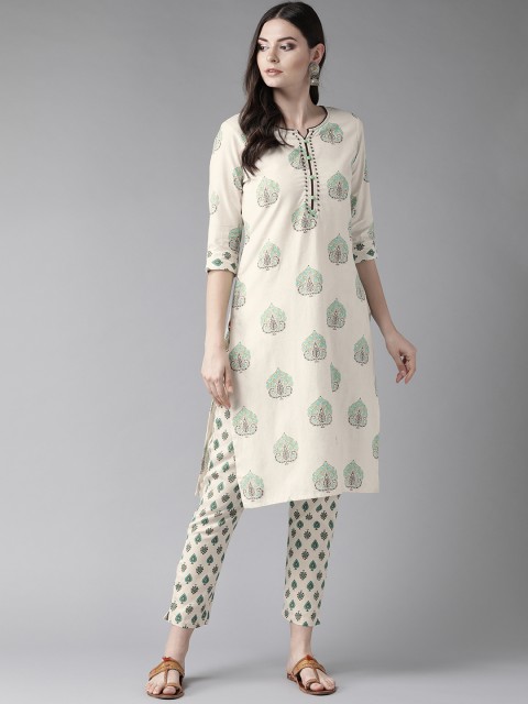 

Shree Women Cream-Coloured & Teal Blue Floral Print Kurta with Trousers