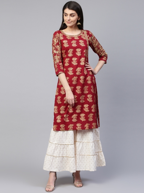

RANGMAYEE Women Maroon & White Screen Printed Kurta with Sharara