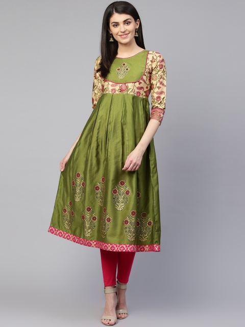 

RANGMAYEE Women Green & Beige Block Printed Anarkali Kurta