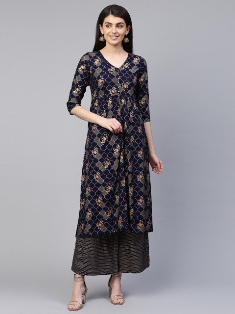 

RANGMAYEE Women Navy Blue & Golden Screen Printed Kurta with Palazzos