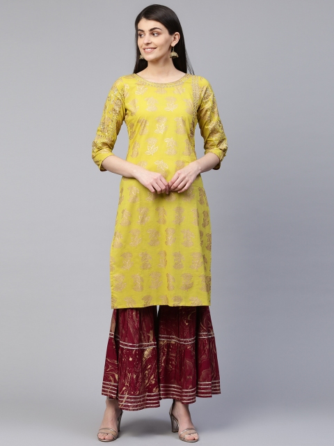 

RANGMAYEE Women Lime Green & Maroon Printed Kurta with Sharara