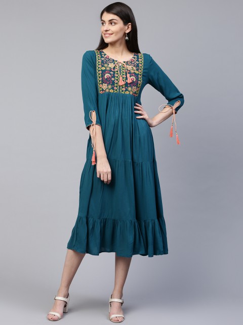 

RANGMAYEE Women Teal Green Yoke Design Tiered A-Line Dress