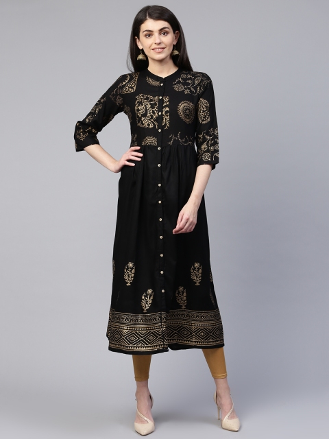

RANGMAYEE Women Black & Golden Printed A-Line Kurta