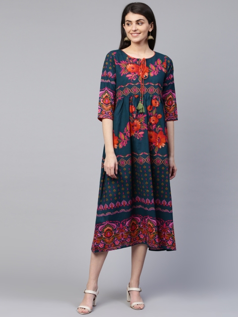 

RANGMAYEE Women Teal Blue & Orange Floral Printed A-Line Dress