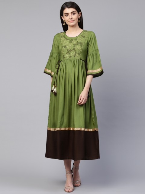

RANGMAYEE Women Green Zari Embroidered Detail Maxi Dress