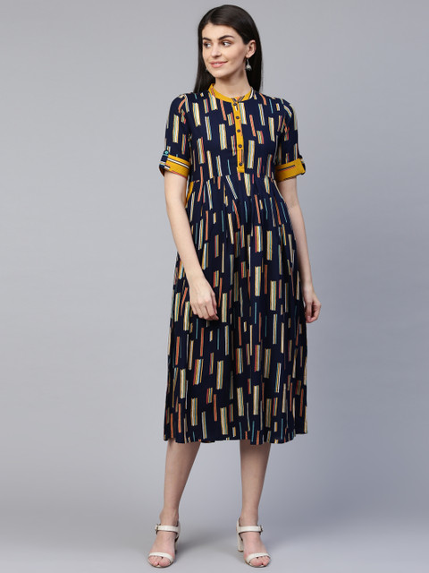 

RANGMAYEE Women Navy Blue & Mustard Yellow Printed A-Line Dress