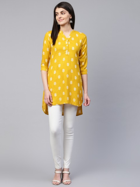 

RANGMAYEE Women Mustard Yellow & White Printed High-Low Tunic