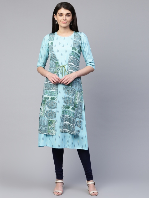 

RANGMAYEE Women Blue Printed Kurta with Churidar & Jacket