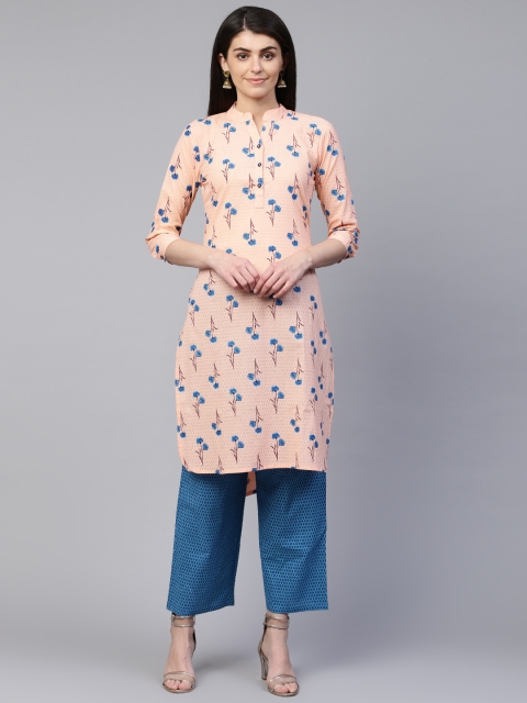 

RANGMAYEE Women Peach-Coloured & Blue Printed Kurta with Palazzos