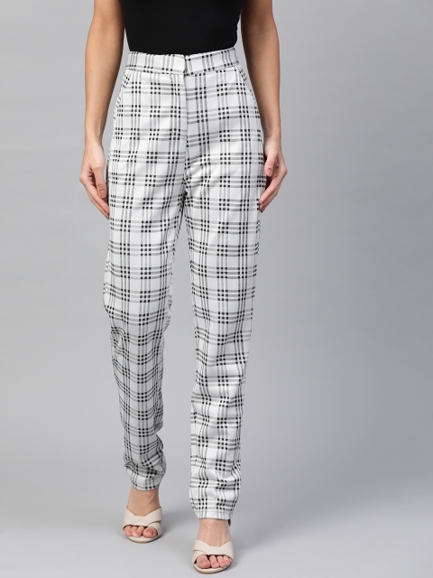 

SASSAFRAS Women White & Black Tapered Fit Jacquard Checked Regular Trousers