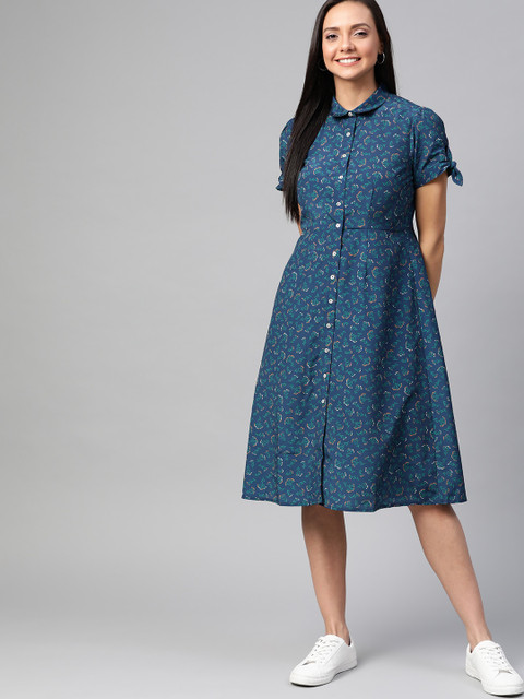 

Mast & Harbour Women Teal Blue & Green Floral Printed Shirt Sustainable Dress