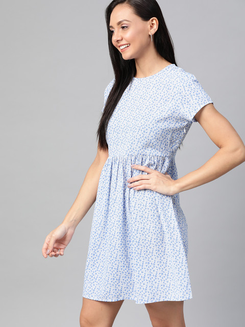 

Mast & Harbour Women White & Blue Floral Printed A-Line Sustainable ECOVERO Dress