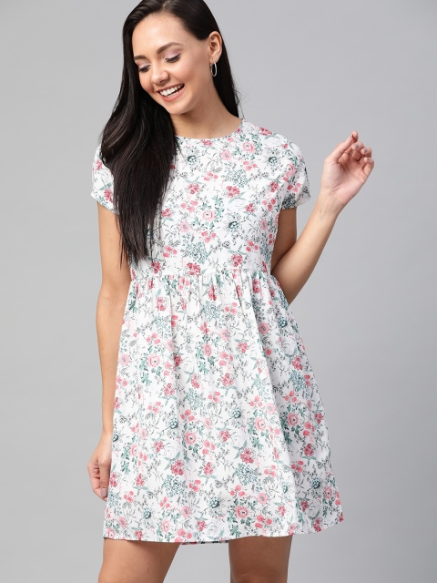 

Mast & Harbour Women White & Pink Floral Printed A-Line Sustainable Dress