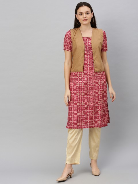 

Bollywood Vogue Women Pink & Beige Printed Made To Measure Straight Kurta with Jacket