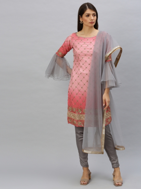 

EthnoVogue Women Pink & Grey Embellished Made to Measure Kurta Set