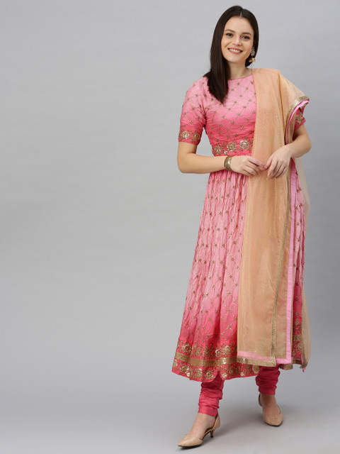 

Bollywood Vogue Women Pink & Beige Floral Embroidered Kurta with Churidar & Dupatta