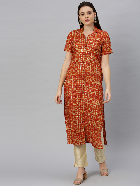 

EthnoVogue Women Rust Red & Beige Printed Made to Measure Kurta with Trousers