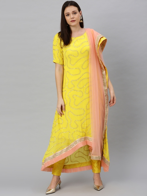 

Bollywood Vogue Women Yellow & Peach-Coloured Made To Measure Embroidered Kurta Set