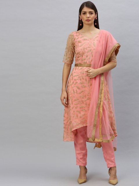 

EthnoVogue Women Pink & Gold Embroidered Made to Measure Kurta w/ Trousers & Dupatta