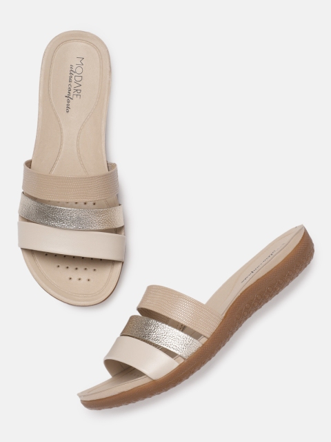 

MODARE Women Beige & Gold-Toned Textured Open Toe Flats
