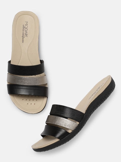 

MODARE Women Black & Gold-Toned Colourblocked Open Toe Flats