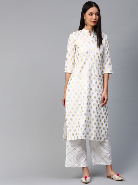 

ZIYAA Women White & Golden Foil Print Kurta with Palazzos