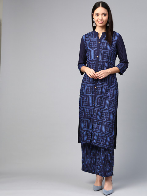 

ZIYAA Women Navy Blue Screen Print Kurta with Palazzos