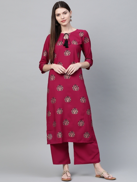 

ZIYAA Women Magenta & Golden Foil Print Kurta with Palazzos