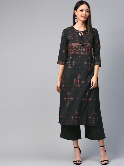 

ZIYAA Women Black & Red Block Print Kurta with Palazzos