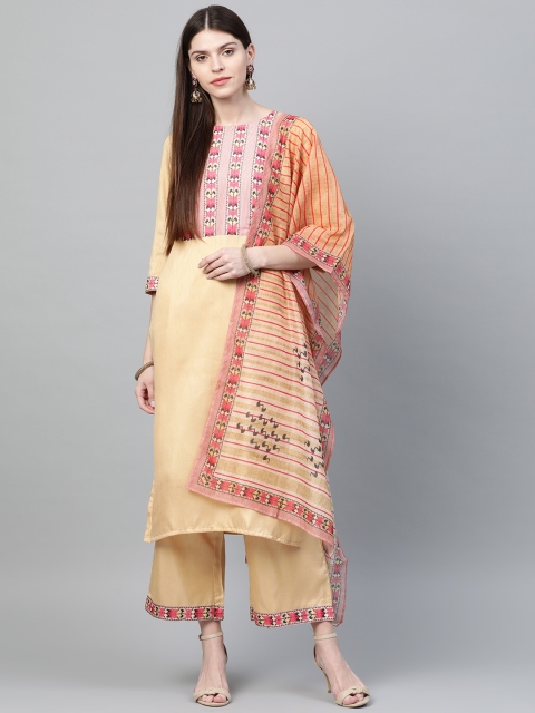 

ZIYAA Women Cream-Coloured & Pink Yoke Design Kurta with Palazzos & Dupatta