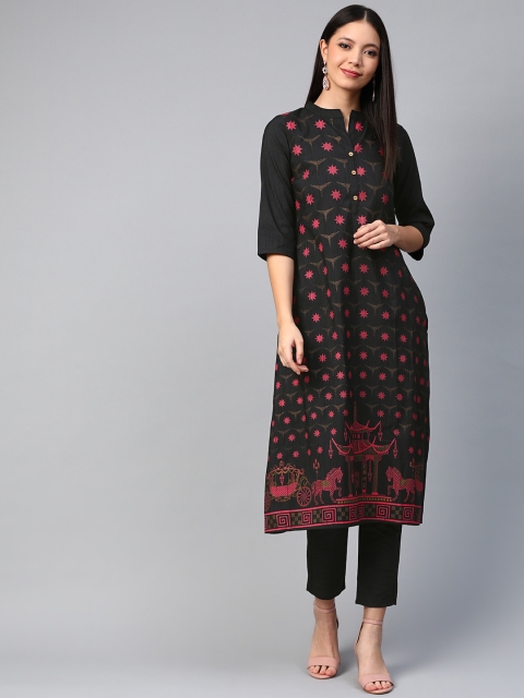 

ZIYAA Women Black & Red Block Print Kurta with Trousers