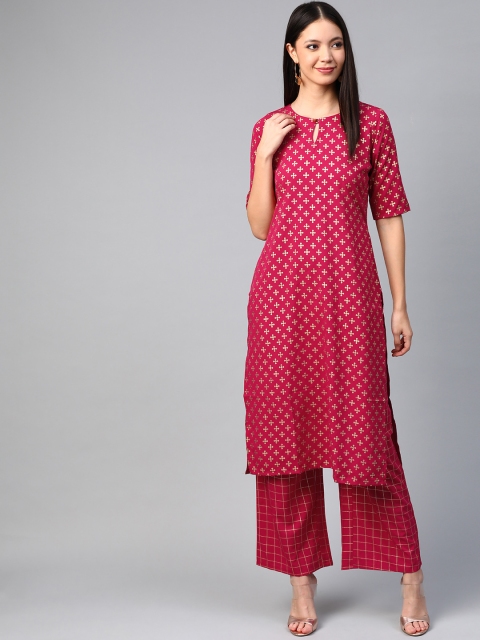 

ZIYAA Women Magenta & Golden Foil Print Kurta with Palazzos