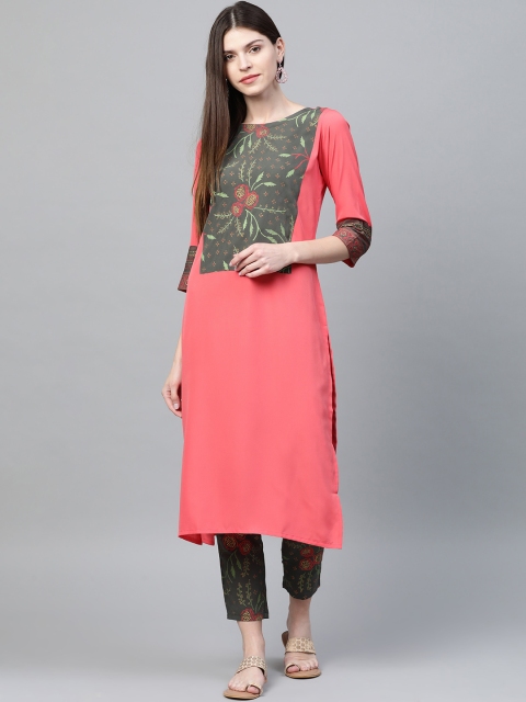 

ZIYAA Women Coral Pink & Charcoal Grey Foil Print Yoke Design Kurta with Trousers