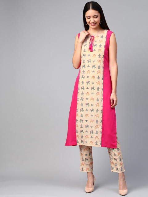 

ZIYAA Women Pink & Beige Printed Kurta with Trousers