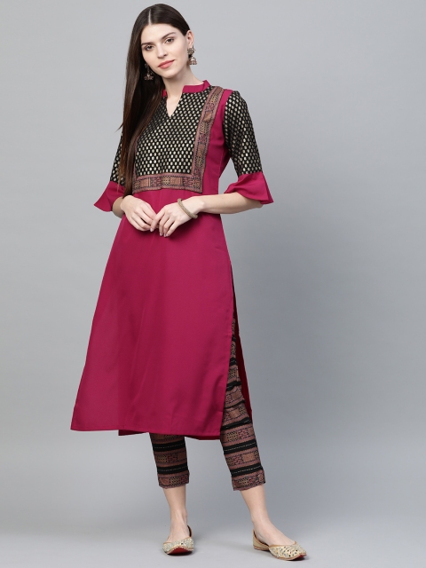 

ZIYAA Women Magenta & Black Foil Print Yoke Design Kurta with Trousers