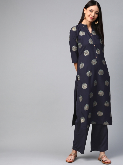 

ZIYAA Women Navy Blue & Golden Foil Print Kurta with Palazzos