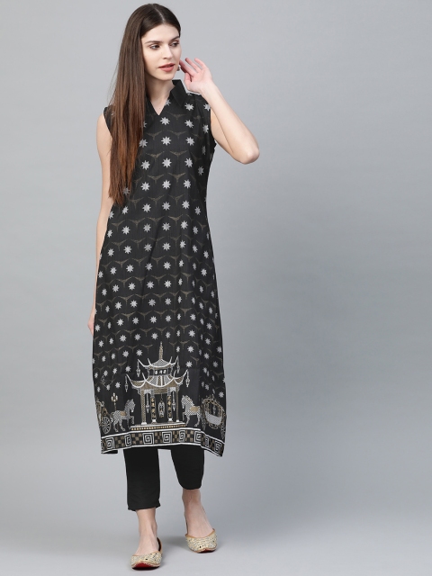 

ZIYAA Women Black & White Foil Printed Kurta with Trousers