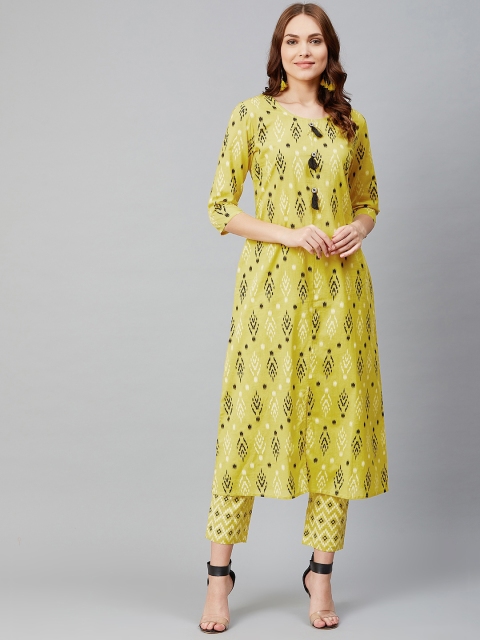 

Sringam Women Lime Green & Black Ikat Printed Kurta with Trousers