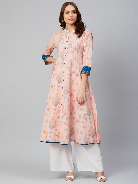 

Sringam Women Peach-Coloured & Blue Printed Anarkali Kurta, Pink