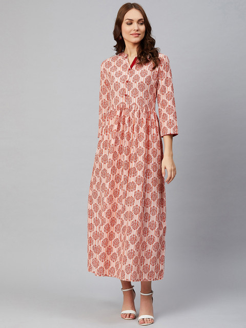 

Sringam Women Peach-Coloured & Red Printed Maxi Dress