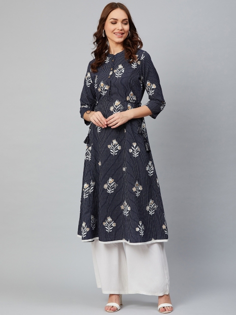 

Sringam Women Navy Blue & White Printed A-Line Kurta
