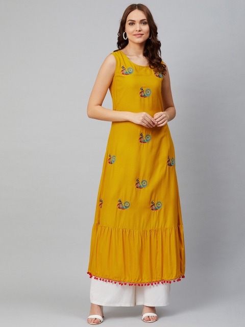 

Sringam Women Mustard Yellow & Blue Embroidered A-Line Kurta