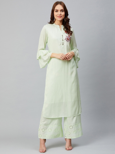 

Sringam Women Green Self Striped Kurta with Palazzos