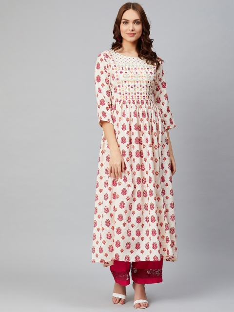 

Sringam Women Off-White & Pink Printed A-Line Kurta