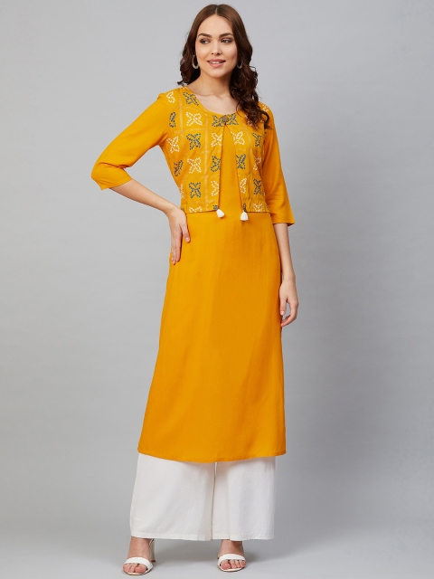 

Sringam Women Mustard Yellow Solid Straight Kurta With Printed Attached Jacket