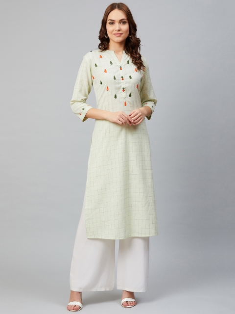 

Sringam Women Green & Orange Checked Straight Kurta