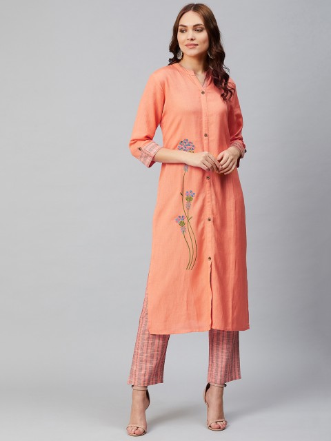 

Sringam Women Peach-Coloured & Blue Embroidered Detail Kurta with Trousers