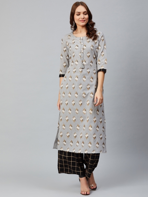 

Sringam Women Grey & Black Printed Kurta with Palazzos