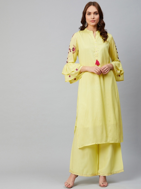 

Sringam Women Yellow Self Striped Kurta with Palazzos