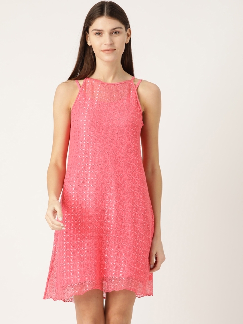 

Kanvin Coral Pink Crochet Sheer Nightdress with Inner